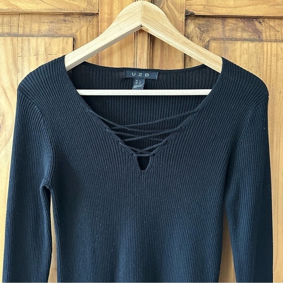 U2B Black Long Sleeve V Neck Sweater Fitted Ribbed Knit Top - Large - Picture 10 of 11